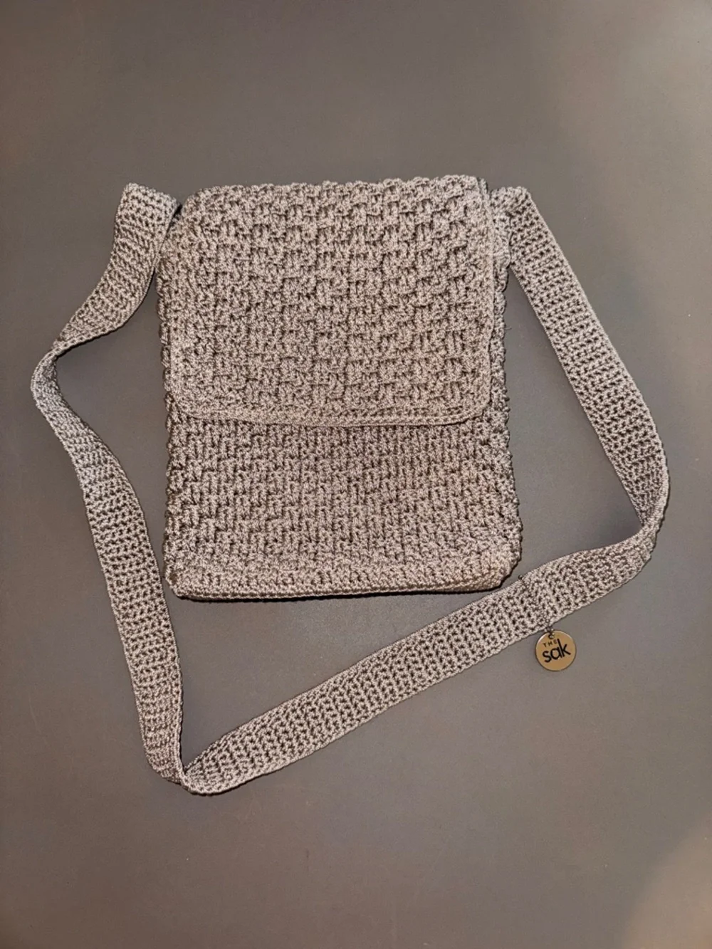 The Sak Gray Crochet Macrame Mini Flap Crossbody Bag with Woven Strap